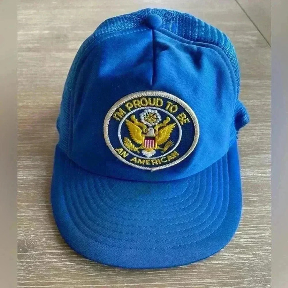 Vintage 80s Proud To Be An American Snapback Hat Cap Embroidered Blue USA - Picture 1 of 9